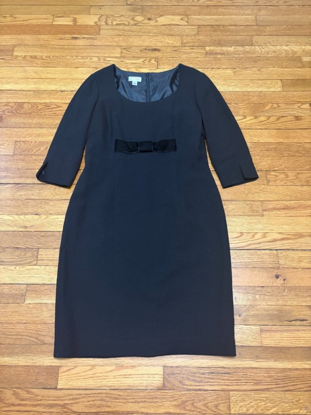 Vintage Talbots Shift Dress Size 14 Black Wool Rayon Bow Accent 3/4 Sleeve Knee
